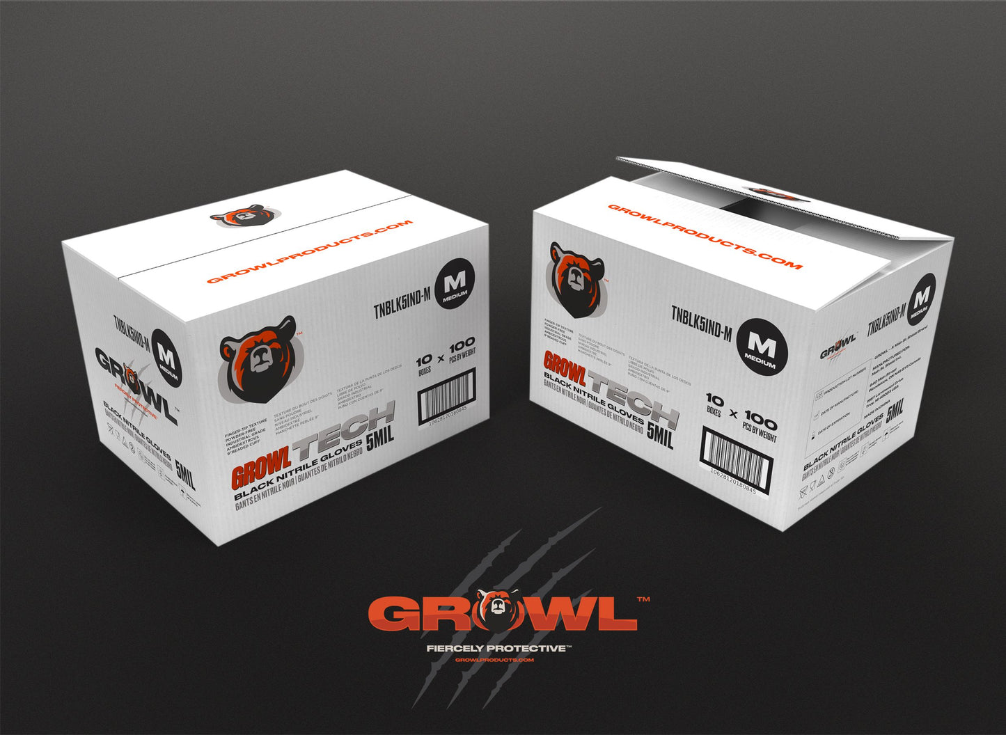 GROWL TECH 5MIL BLACK EXAM PF NITRILE GLOVES - CASE (10 BOXES/CASE)