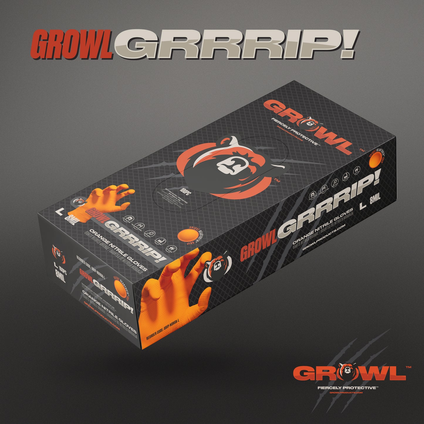 GROWL GRRRIP 8MIL ORANGE PF NITRILE GLOVES