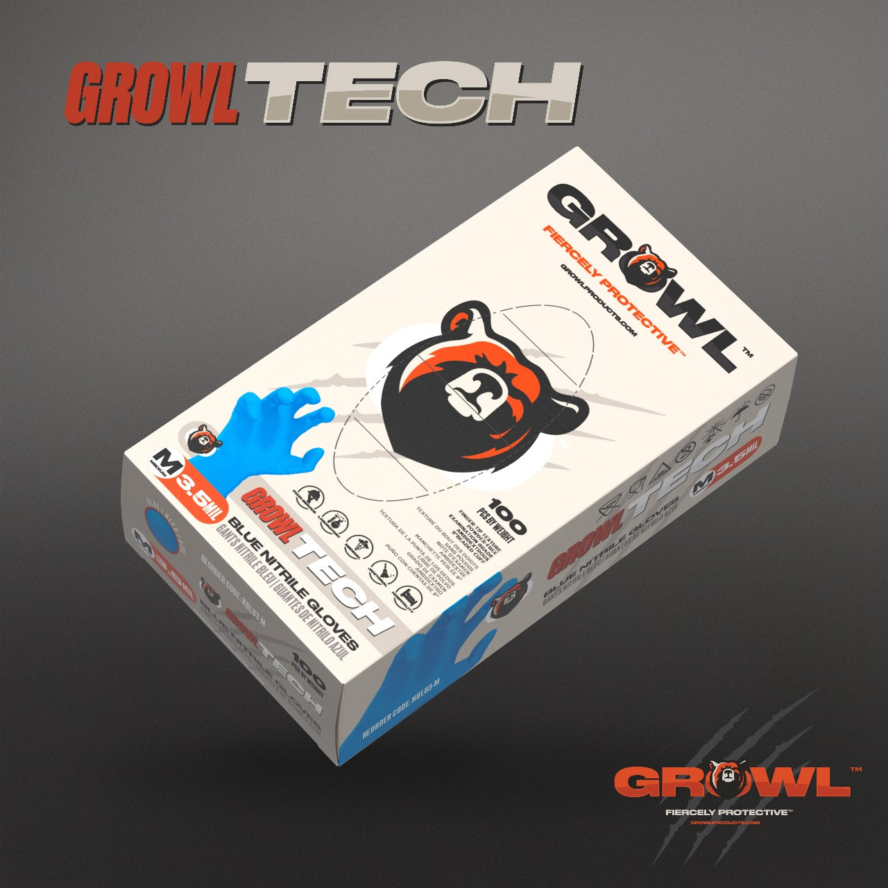 GROWL TECH 3.5MIL BLUE EXAM PF NITRILE GLOVES - CASE (10 BOXES/CASE)