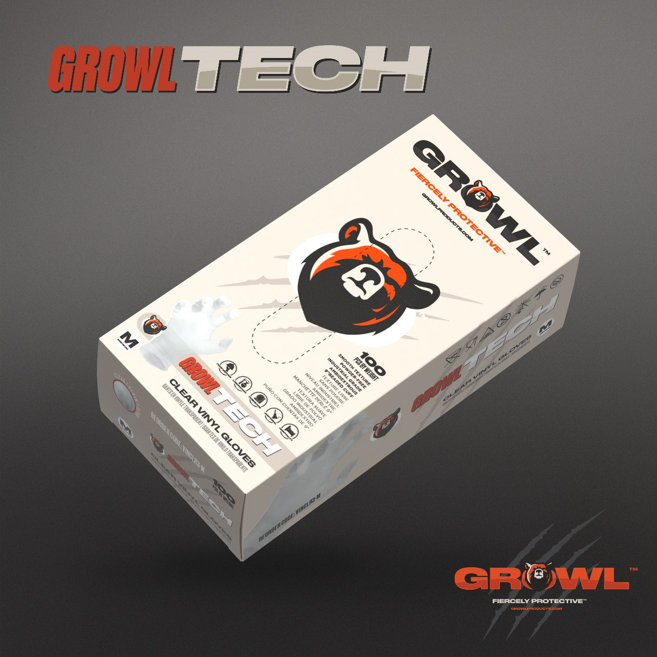 GROWL TECH Clear Vinyl Gloves - CASE (10 BOXES/CASE)